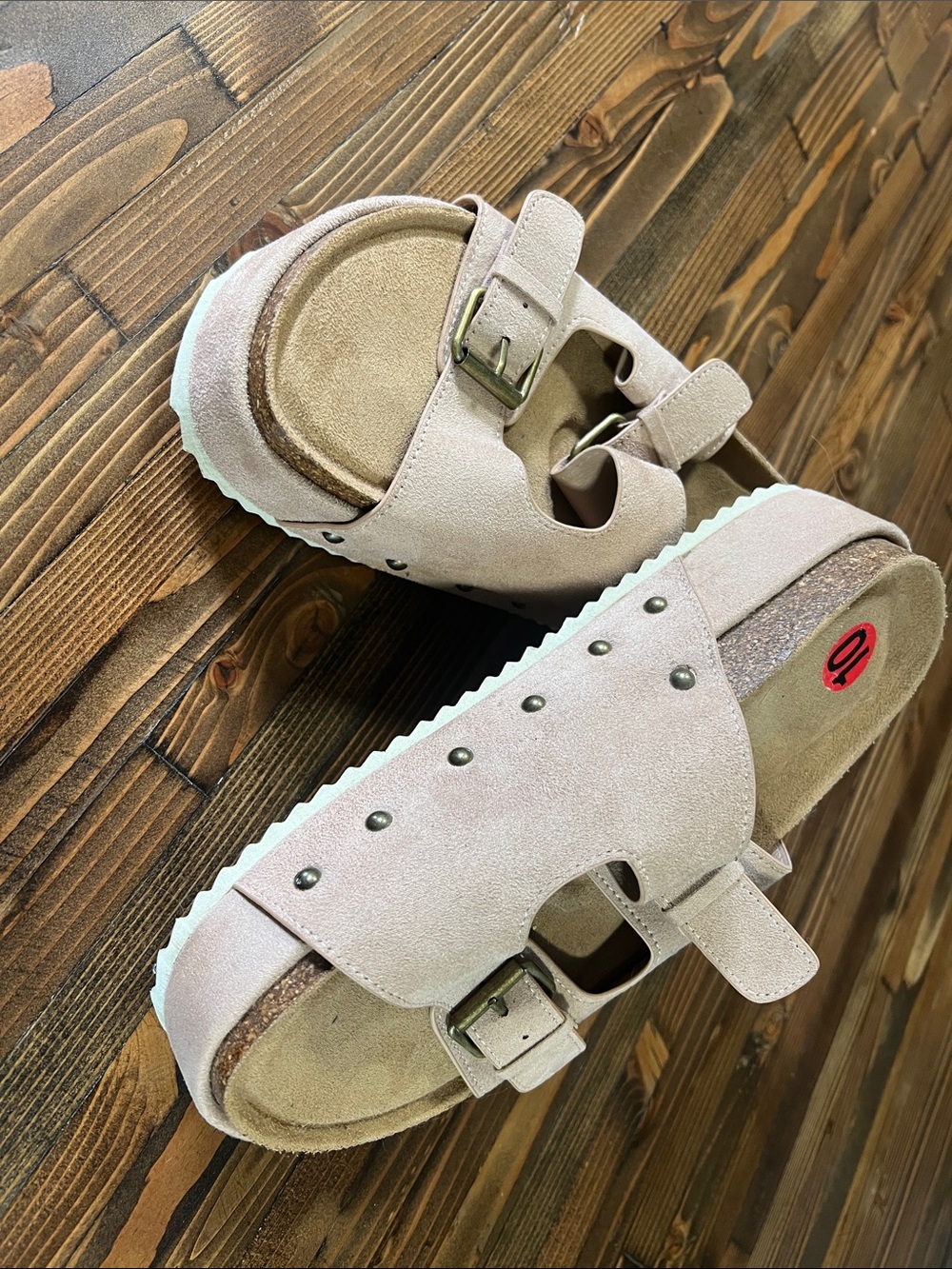 Suede Double-Buckle Slide Sandals in Light Pink